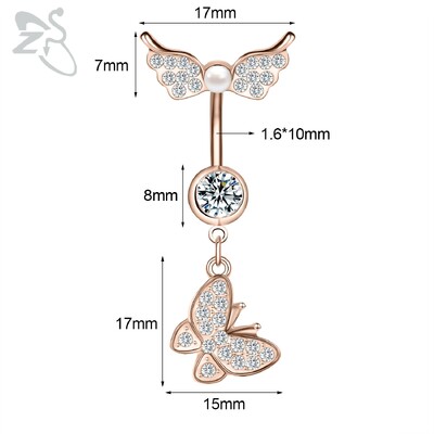 Piercing do pupka z nehrdzavejúcej ocele s motýľom a srdcom, 14G, ružovo-zlatý, s motýľom a srdcom, piercing do pupka.