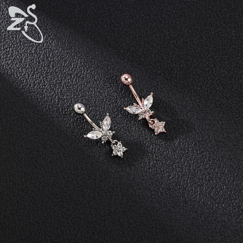 Piercing do pupka z nehrdzavejúcej ocele s motýľom a srdcom, 14G, ružovo-zlatý, s motýľom a srdcom, piercing do pupka.