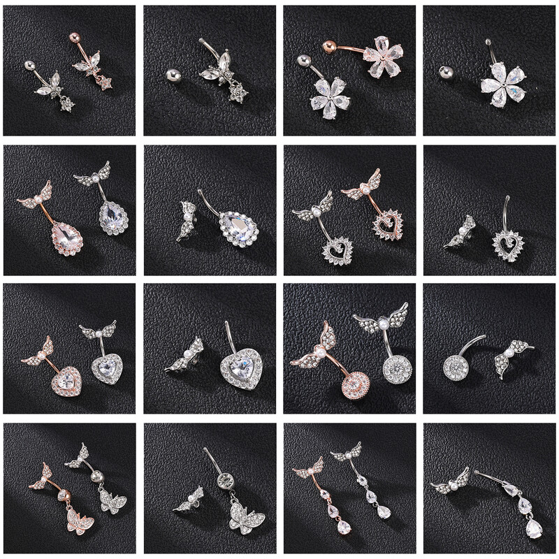 Piercing do pupka z nehrdzavejúcej ocele s motýľom a srdcom, 14G, ružovo-zlatý, s motýľom a srdcom, piercing do pupka.