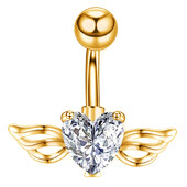 Piercing do pupka z chirurgickej ocele so zirkónmi a lietajúcim srdcom v zlatej farbe, náušnice s krídlami a zirkónmi pre ženy.