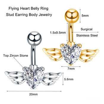 Χρυσό χρώμα Ζιργκόν Flying Heart Belly Button Rings Χειρουργικό ατσάλι με πτερύγιο κοιλιάς Piercing Bar Δαχτυλίδι αφαλού Σκουλαρίκια με καρφιά Γυναικεία κοσμήματα