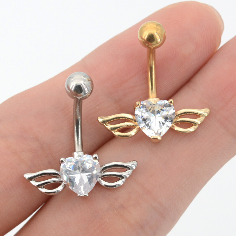 Piercing do pupka z chirurgickej ocele so zirkónmi a lietajúcim srdcom v zlatej farbe, náušnice s krídlami a zirkónmi pre ženy.