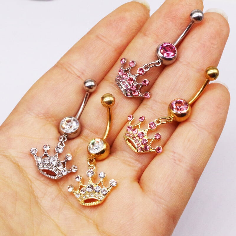 Piercing do tela, módne šperky, ružový diamantový prsteň s korunkou, prstene do pupka z chirurgickej ocele.