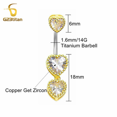 G23Titan zlatne boje srce cirkon prstenje za pupak 6-16 mm zakrivljena šipka od titana srebrni piercing za pupak Ženski seksi nakit za plažu
