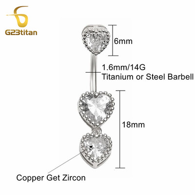 G23Titan zlatne boje srce cirkon prstenje za pupak 6-16 mm zakrivljena šipka od titana srebrni piercing za pupak Ženski seksi nakit za plažu