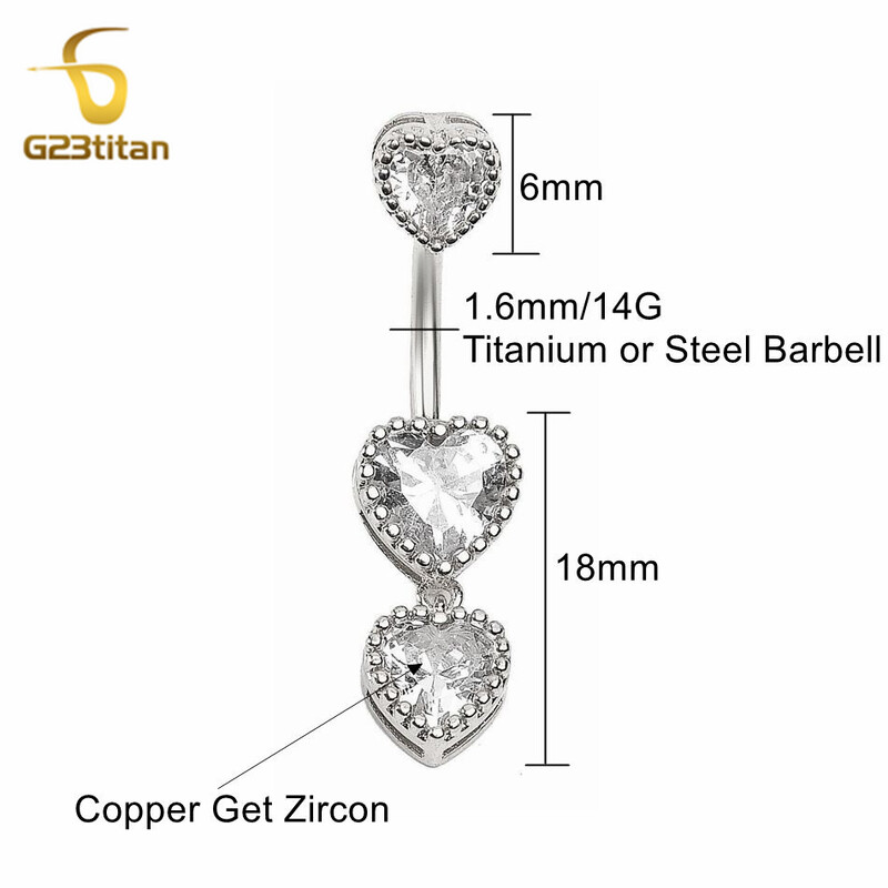 G23Titan zlatne boje srce cirkon prstenje za pupak 6-16 mm zakrivljena šipka od titana srebrni piercing za pupak Ženski seksi nakit za plažu