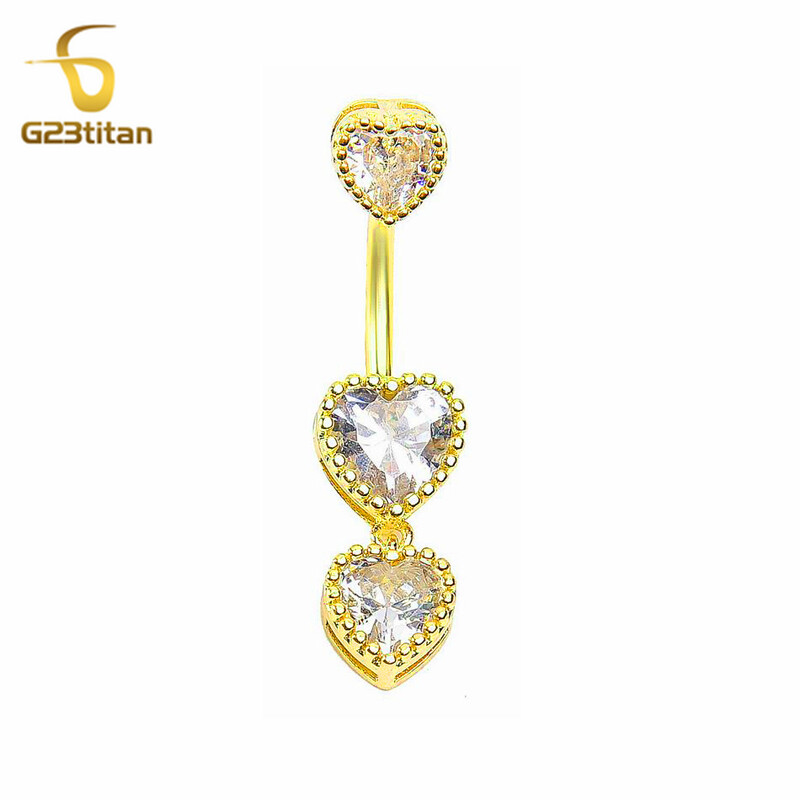 G23Titan zlatne boje srce cirkon prstenje za pupak 6-16 mm zakrivljena šipka od titana srebrni piercing za pupak Ženski seksi nakit za plažu