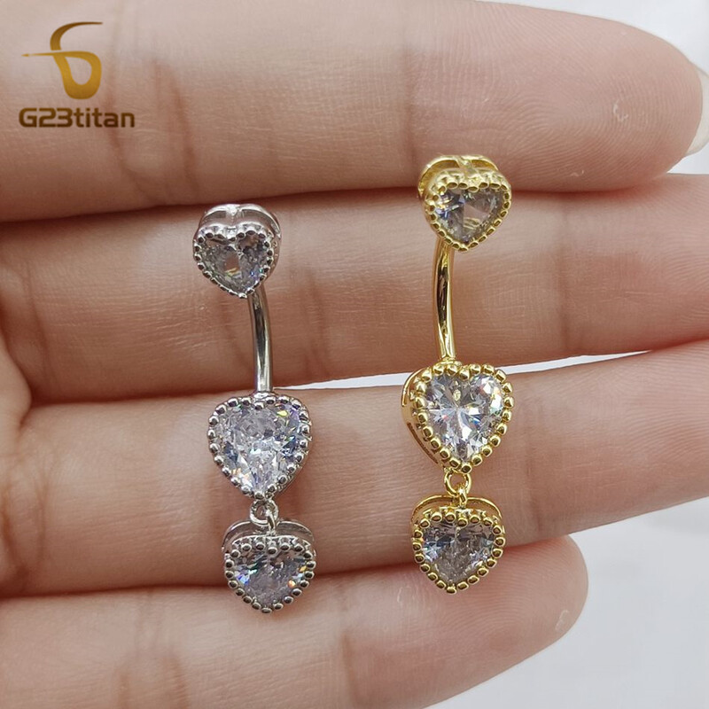 G23Titan zlatne boje srce cirkon prstenje za pupak 6-16 mm zakrivljena šipka od titana srebrni piercing za pupak Ženski seksi nakit za plažu