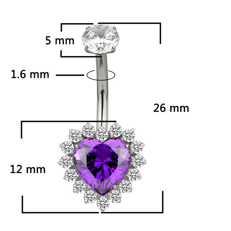 Piercing do pupka v tvare srdca s titánovým vzorom G23, zirkónový piercing do pupka so závitom na vrchu.