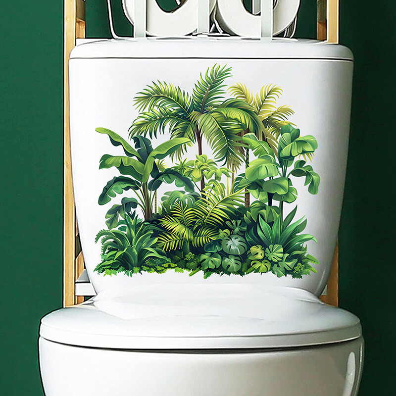Autocolant pentru toaletă cu frunze de plante verzi Autocolante murale autoadezive pentru baie Autocolant pentru decorarea casei