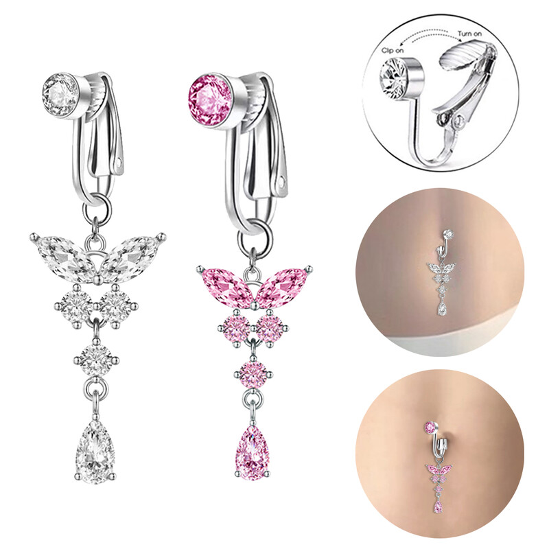 1 ks zlatá strieborná farba falošný falošný brušný prsteň motýľ falošný piercing do brucha klip na piercing do pupka visiace telové šperky