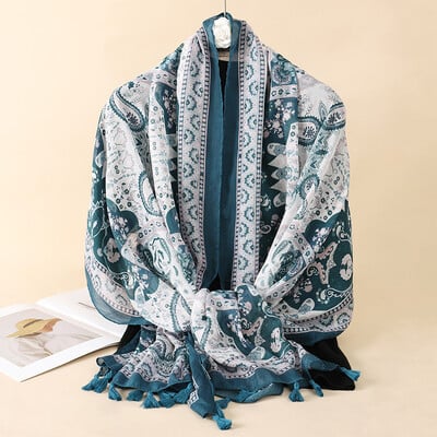 Eșarfă din bumbac de marcă de lux pentru femei, șaluri mari, design hijab, imprimeu echarpe, eșarfe cu ciucuri, damă, fură de plajă, tobe de eșapament, pareo