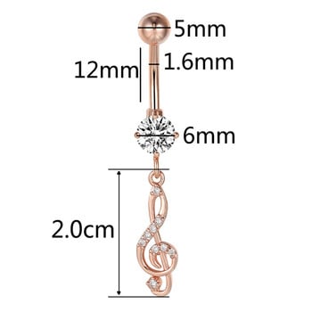 Музикална нота с циркон Висящ розов златен пръстен за пъпа за жени 16G медицинска стомана за пиърсинг на пъпа Бижута Рок Летен аксесоар