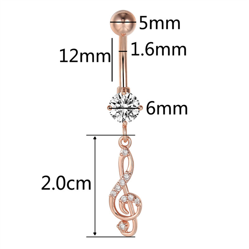Piercing do pupka z lekárskej ocele 16G s zirkónovou notou, ružový zlatý zirkónový prsteň do pupka pre ženy