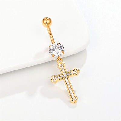 Keresztény katolikus kereszt lógó köldök piercing gyűrű kristály sebészeti acél hasgombos fülbevaló 14G 10mm súlyzó testékszer
