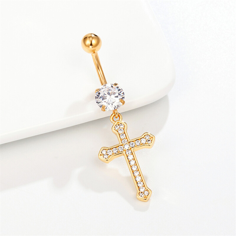 Keresztény katolikus kereszt lógó köldök piercing gyűrű kristály sebészeti acél hasgombos fülbevaló 14G 10mm súlyzó testékszer