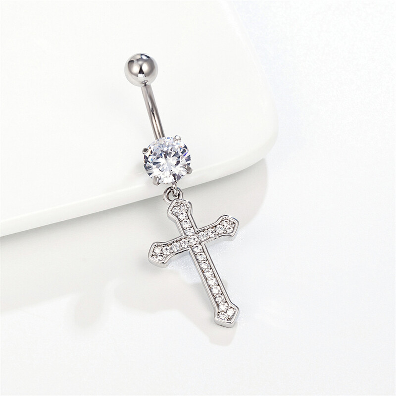 Keresztény katolikus kereszt lógó köldök piercing gyűrű kristály sebészeti acél hasgombos fülbevaló 14G 10mm súlyzó testékszer