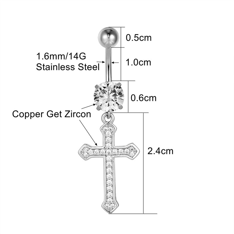Keresztény katolikus kereszt lógó köldök piercing gyűrű kristály sebészeti acél hasgombos fülbevaló 14G 10mm súlyzó testékszer