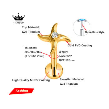 ASTM F136 G23 Titanium Dart CZ Piercing Pin χωρίς κλωστή Push in Lip Stud Daith Conch Tragus Flat Back Earring 16G 18G 20G