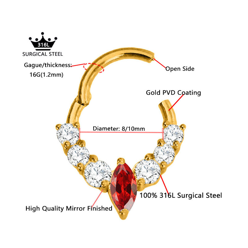 Vízcsepp Virág Hold CZ Daith Conch Tragus Hoop fülbevaló Helix Septum Piercing Clicker szegmens orrgyűrű 316L sebészeti acél 16G