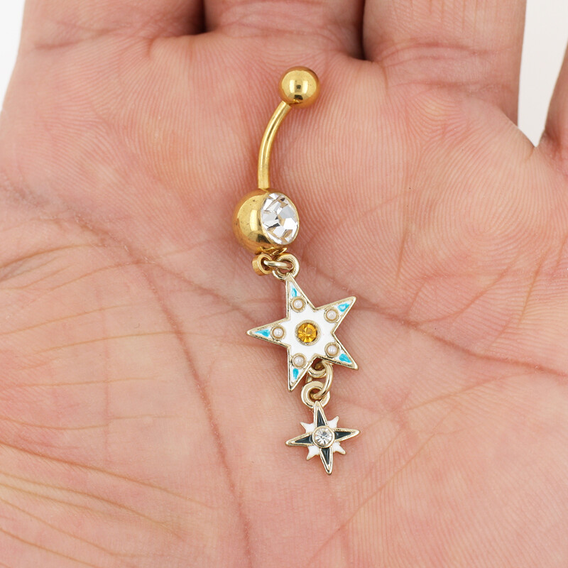 Piercing do pupka s visiacou hviezdou JHJT 14G z nehrdzavejúcej ocele, zlatý náušník Nombril, šperky na telo