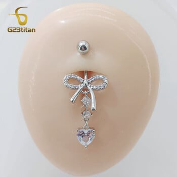 G23Titan Zircon Heart Drop Bowknot Δαχτυλίδι διάτρησης ομφαλού 6-16mm Titanium Curved Barbell 14G Μπάρα κοιλιάς Γυναικεία κοσμήματα σώματος