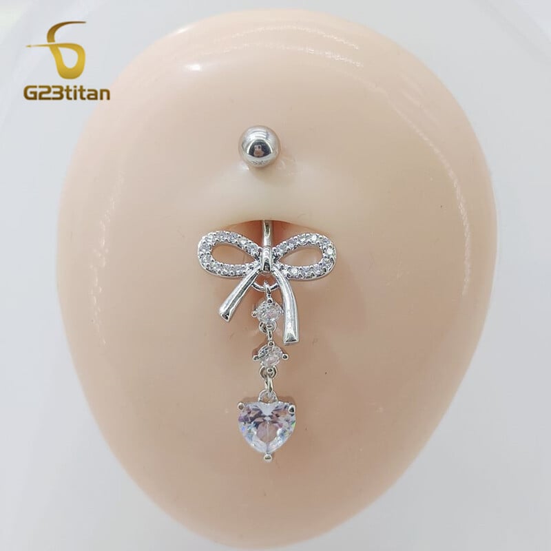 Piercing do pupka G23Titánový zirkónový prsteň s mašľou v tvare srdca 6-16 mm, titánová zakrivená činka 14G, dámske telové šperky