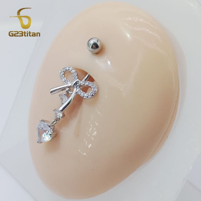Piercing do pupka G23Titánový zirkónový prsteň s mašľou v tvare srdca 6-16 mm, titánová zakrivená činka 14G, dámske telové šperky