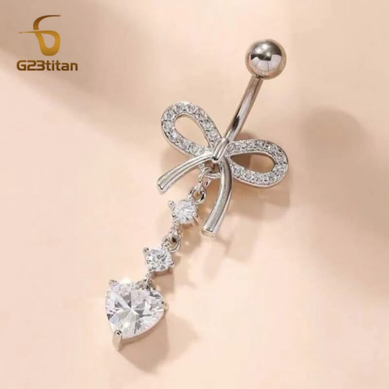 Piercing do pupka G23Titánový zirkónový prsteň s mašľou v tvare srdca 6-16 mm, titánová zakrivená činka 14G, dámske telové šperky