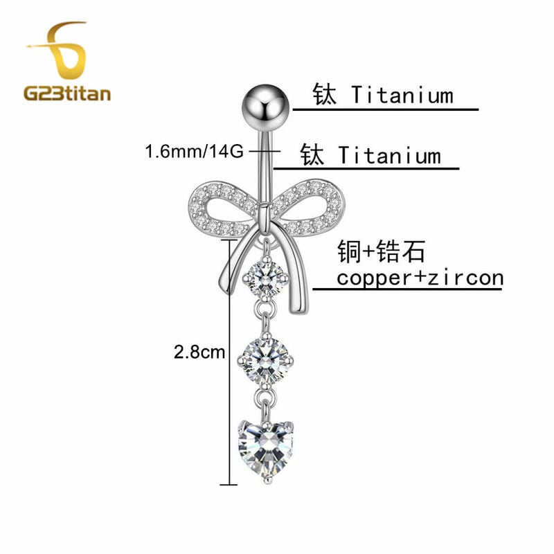 Piercing do pupka G23Titánový zirkónový prsteň s mašľou v tvare srdca 6-16 mm, titánová zakrivená činka 14G, dámske telové šperky