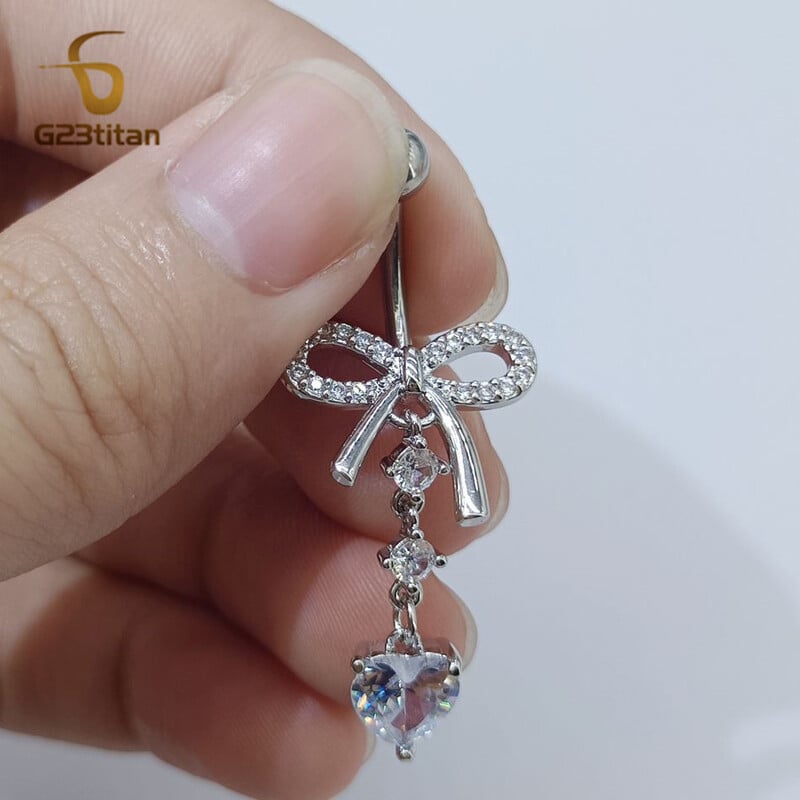 Piercing do pupka G23Titánový zirkónový prsteň s mašľou v tvare srdca 6-16 mm, titánová zakrivená činka 14G, dámske telové šperky