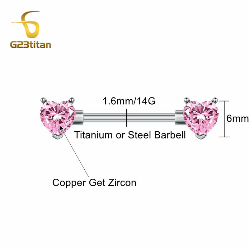 G23titan 2db rózsaszín szívű cirkon mellbimbó piercing gyűrű nőknek 12-20mm hosszú 14g sebészeti titán súlyzó szexi testékszer