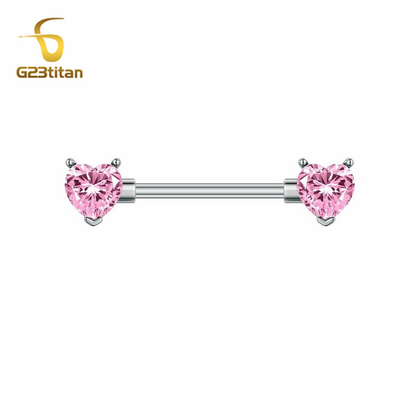G23titan 2db rózsaszín szívű cirkon mellbimbó piercing gyűrű nőknek 12-20mm hosszú 14g sebészeti titán súlyzó szexi testékszer