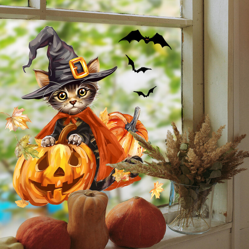 Autocolant pentru fereastră de lilieci de dovleac, pisică de desene animate, cu frunze de arțar, autocolant pentru vitrină, autocolant de sticlă imprimat pe două fețe