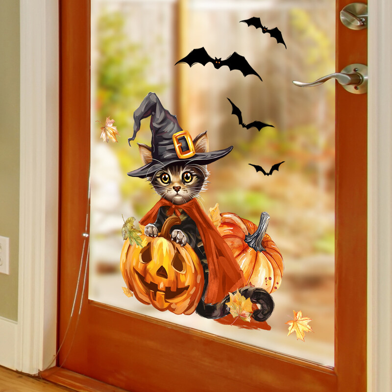 Autocolant pentru fereastră de lilieci de dovleac, pisică de desene animate, cu frunze de arțar, autocolant pentru vitrină, autocolant de sticlă imprimat pe două fețe