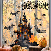 Nové nálepky na okno s halloweenskym hradom, netopierom a pavučinou do obývačky, obojstranné, statické, bez lepidla, odnímateľné