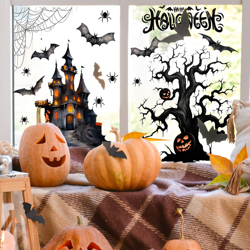 Nové nálepky na okno s halloweenskym hradom, netopierom a pavučinou do obývačky, obojstranné, statické, bez lepidla, odnímateľné