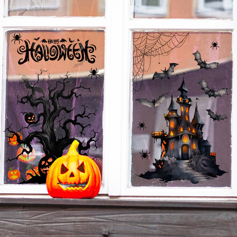 Nové nálepky na okno s halloweenskym hradom, netopierom a pavučinou do obývačky, obojstranné, statické, bez lepidla, odnímateľné