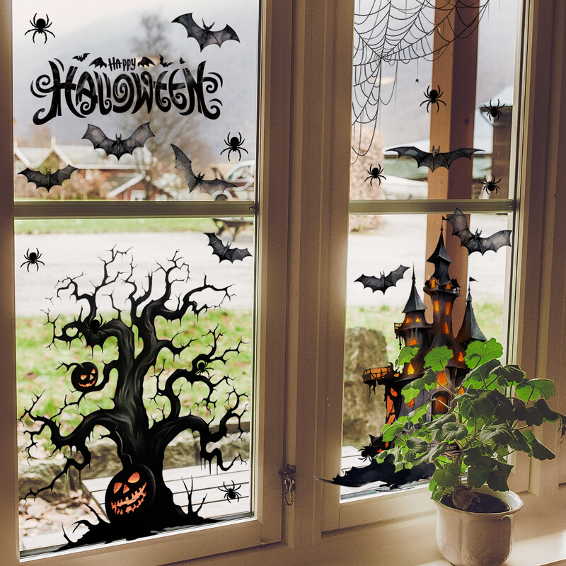 Nové nálepky na okno s halloweenskym hradom, netopierom a pavučinou do obývačky, obojstranné, statické, bez lepidla, odnímateľné