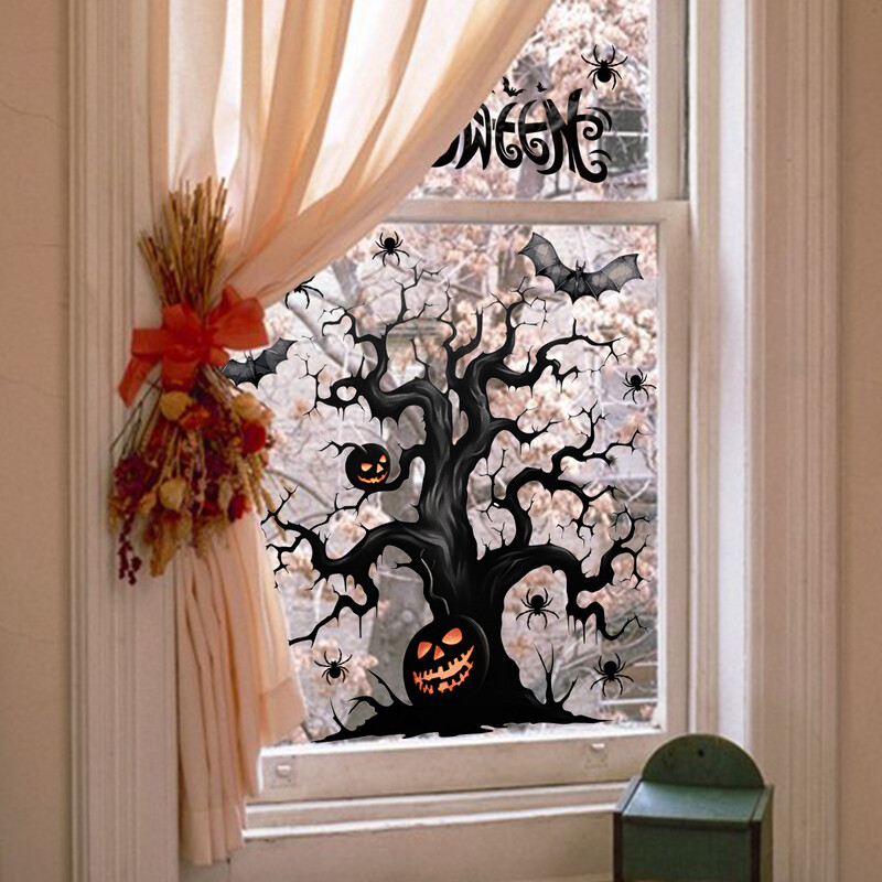 Nové nálepky na okno s halloweenskym hradom, netopierom a pavučinou do obývačky, obojstranné, statické, bez lepidla, odnímateľné