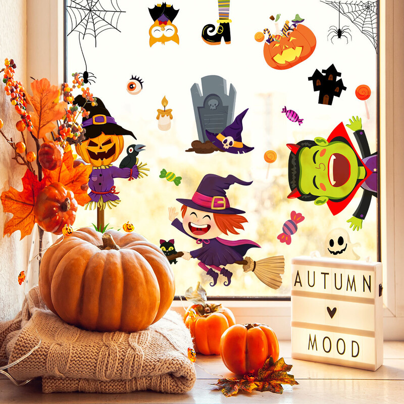 Autocolante de fereastră cu fantome de dovleac drăguț de desene animate de Halloween pentru sufragerie, magazin de petreceri, ferestre, aderență statică, autocolante detașabile pentru ferestre