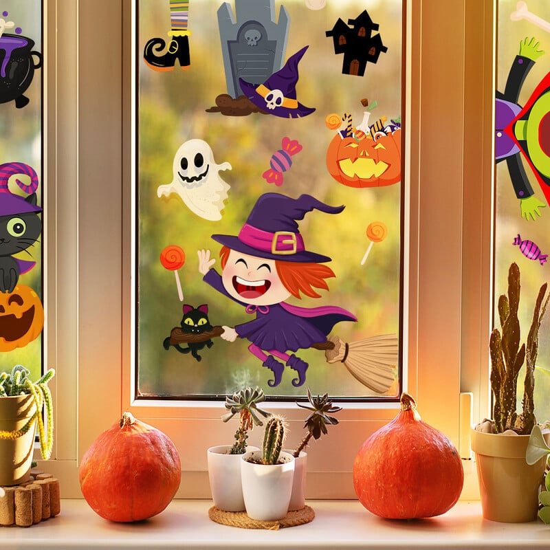 Autocolante de fereastră cu fantome de dovleac drăguț de desene animate de Halloween pentru sufragerie, magazin de petreceri, ferestre, aderență statică, autocolante detașabile pentru ferestre