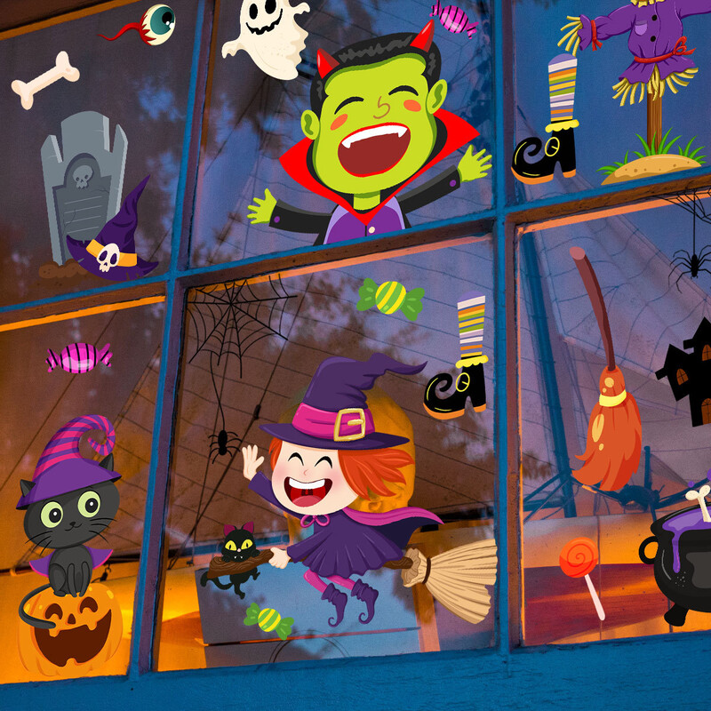 Autocolante de fereastră cu fantome de dovleac drăguț de desene animate de Halloween pentru sufragerie, magazin de petreceri, ferestre, aderență statică, autocolante detașabile pentru ferestre