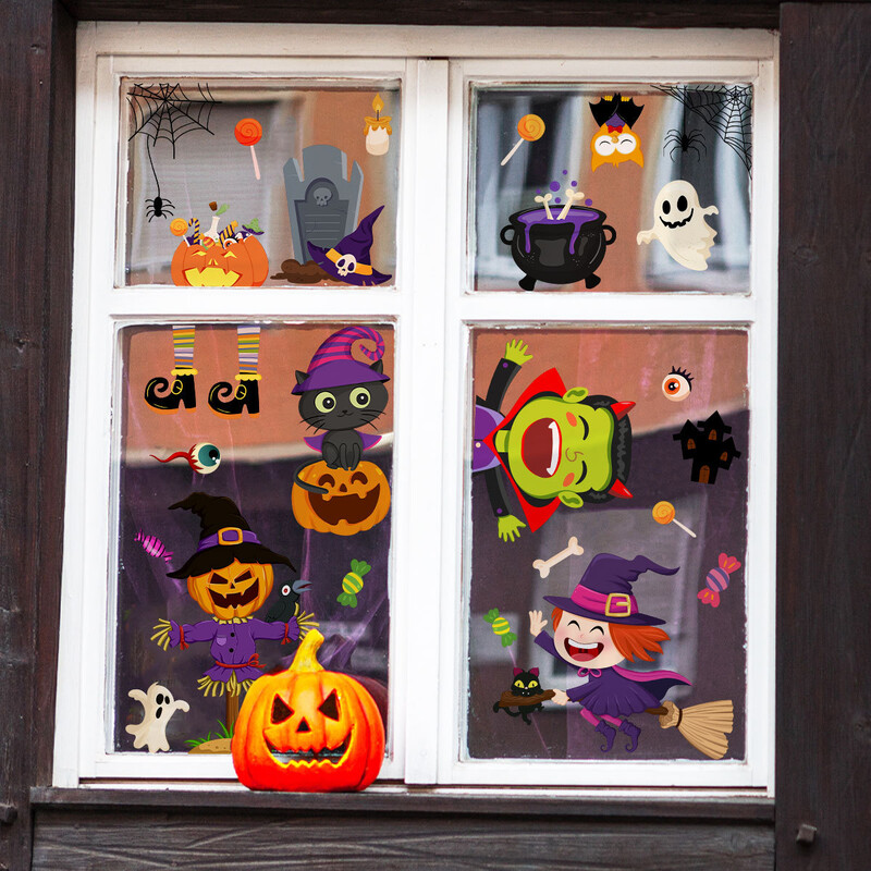 Autocolante de fereastră cu fantome de dovleac drăguț de desene animate de Halloween pentru sufragerie, magazin de petreceri, ferestre, aderență statică, autocolante detașabile pentru ferestre