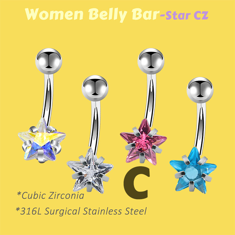 Sexy dámske kubické zirkónové prsteň do pupka, piercing do pupka, ombligo krúžky, hviezda, okrúhle srdce, tvar CZ, nehrdzavejúca oceľ, telové šperky