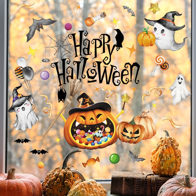 Nové halloweenske anglické tekvicové nálepky s duchmi a netopiermi, statické sklenené nálepky, nálepky na okná a stenu