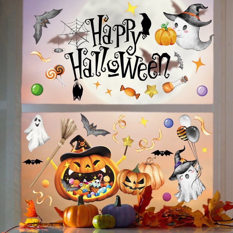 Nové halloweenske anglické tekvicové nálepky s duchmi a netopiermi, statické sklenené nálepky, nálepky na okná a stenu