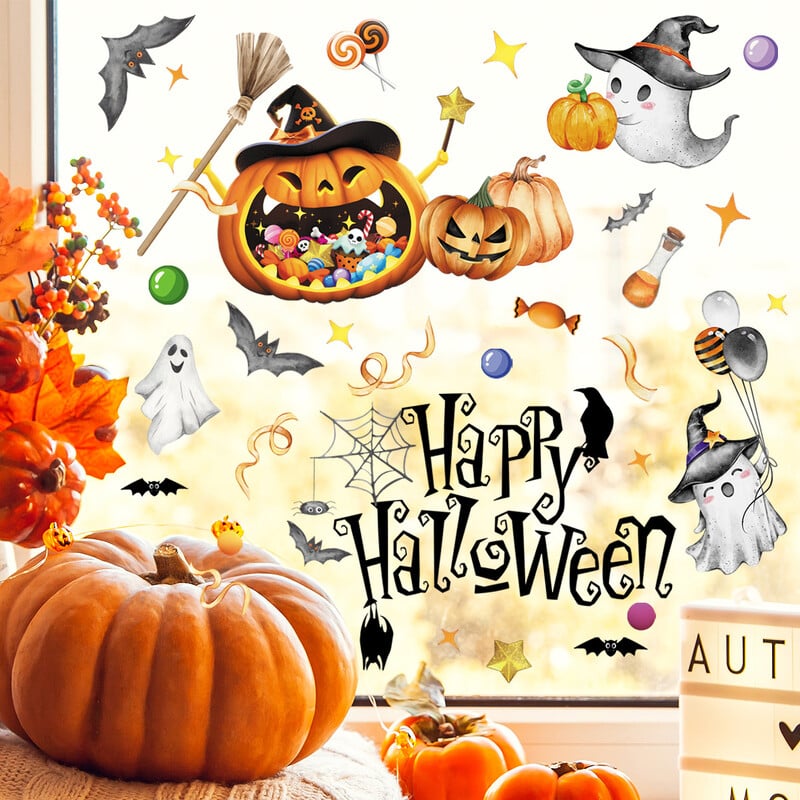 Nové halloweenske anglické tekvicové nálepky s duchmi a netopiermi, statické sklenené nálepky, nálepky na okná a stenu