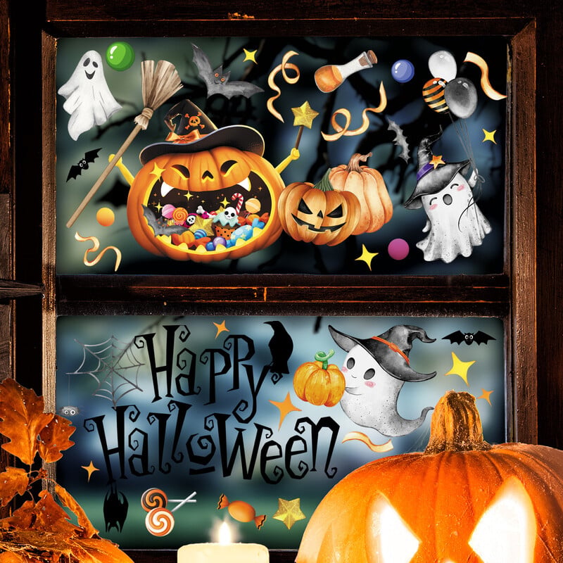 Nové halloweenske anglické tekvicové nálepky s duchmi a netopiermi, statické sklenené nálepky, nálepky na okná a stenu