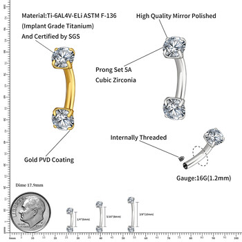 Δεξί Grand ASTM F136 Titanium 16G CZ Cartilage Helix Daith Rook Σκουλαρίκι φρύδι Καμπυλωτό Barbell Labret Lip Piercing Body Jewelry